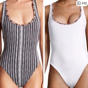 Red Carter Reversible Striped and White One-Piece Swimsuit